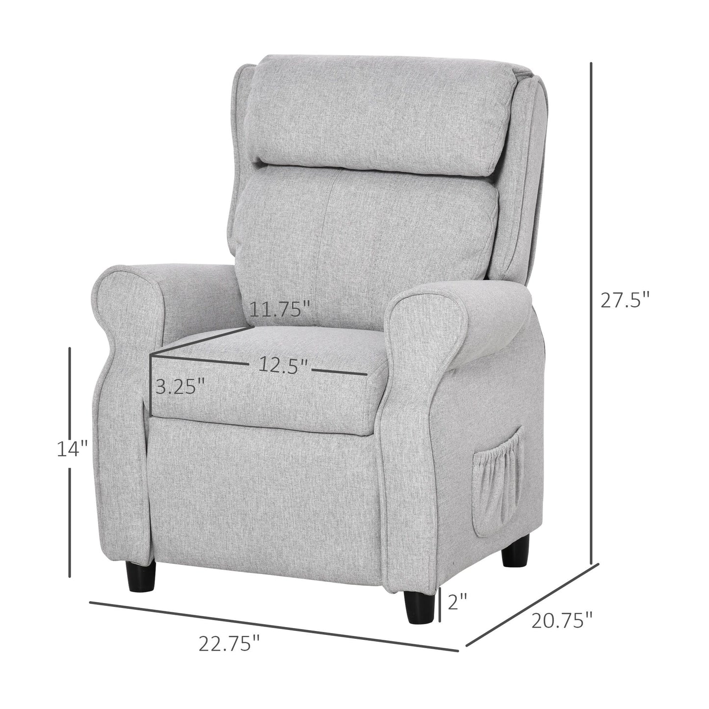 Fauteuil inclinable manuel pour enfants, recouvert de tissu, gris clair, avec repose-pieds et 2 poches latérales, pour enfants de 3 à 5 ans.