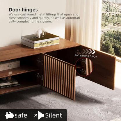 Meuble TV style Mid-Century Modern avec 4 portes et rangements, compatible avec les télévisions jusqu'à 100 pouces, meuble de salon pour système multimédia.