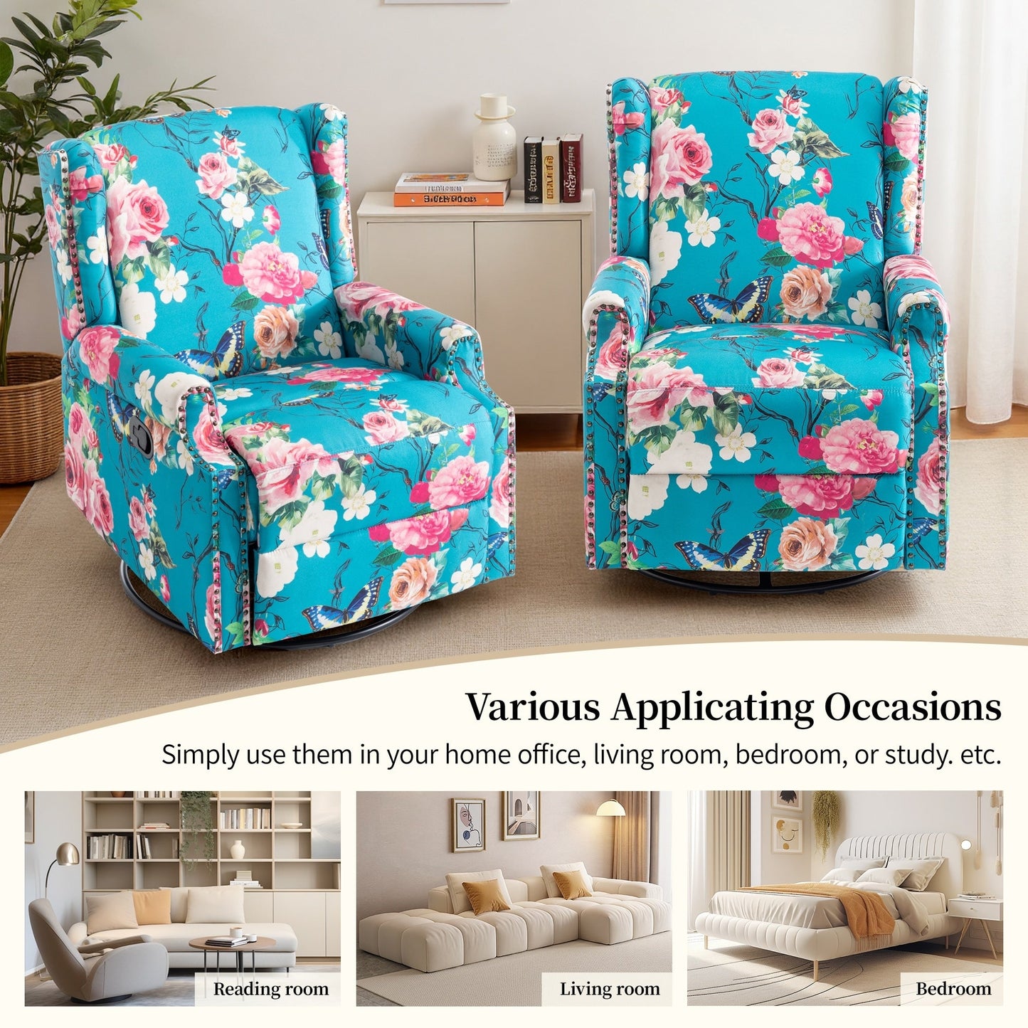 Lot de 2 chaises inclinables à bascule pivotantes à commande manuelle avec dossier inclinable, motif, 73,7 cm de largeur.