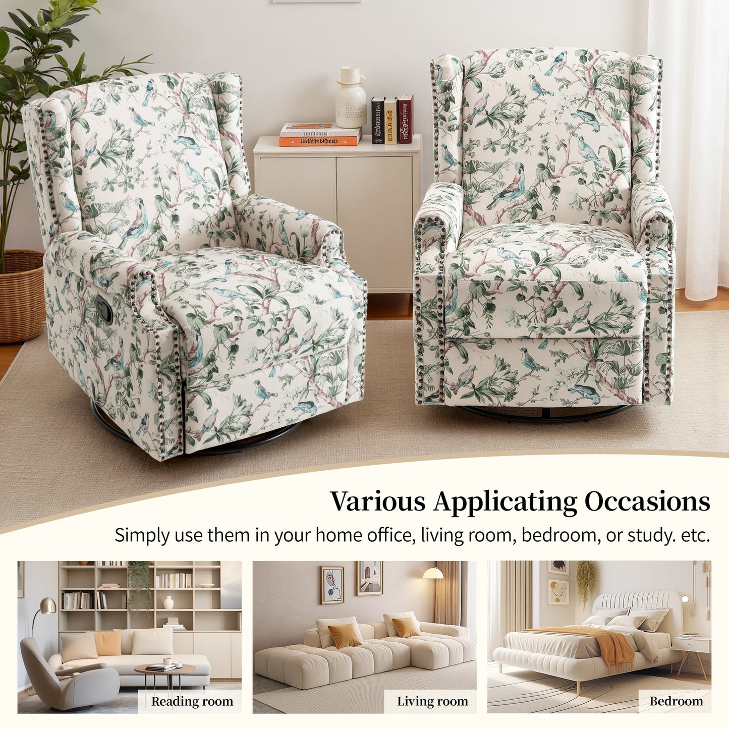 Lot de 2 chaises inclinables à bascule pivotantes à commande manuelle avec dossier inclinable, motif, 73,7 cm de largeur.