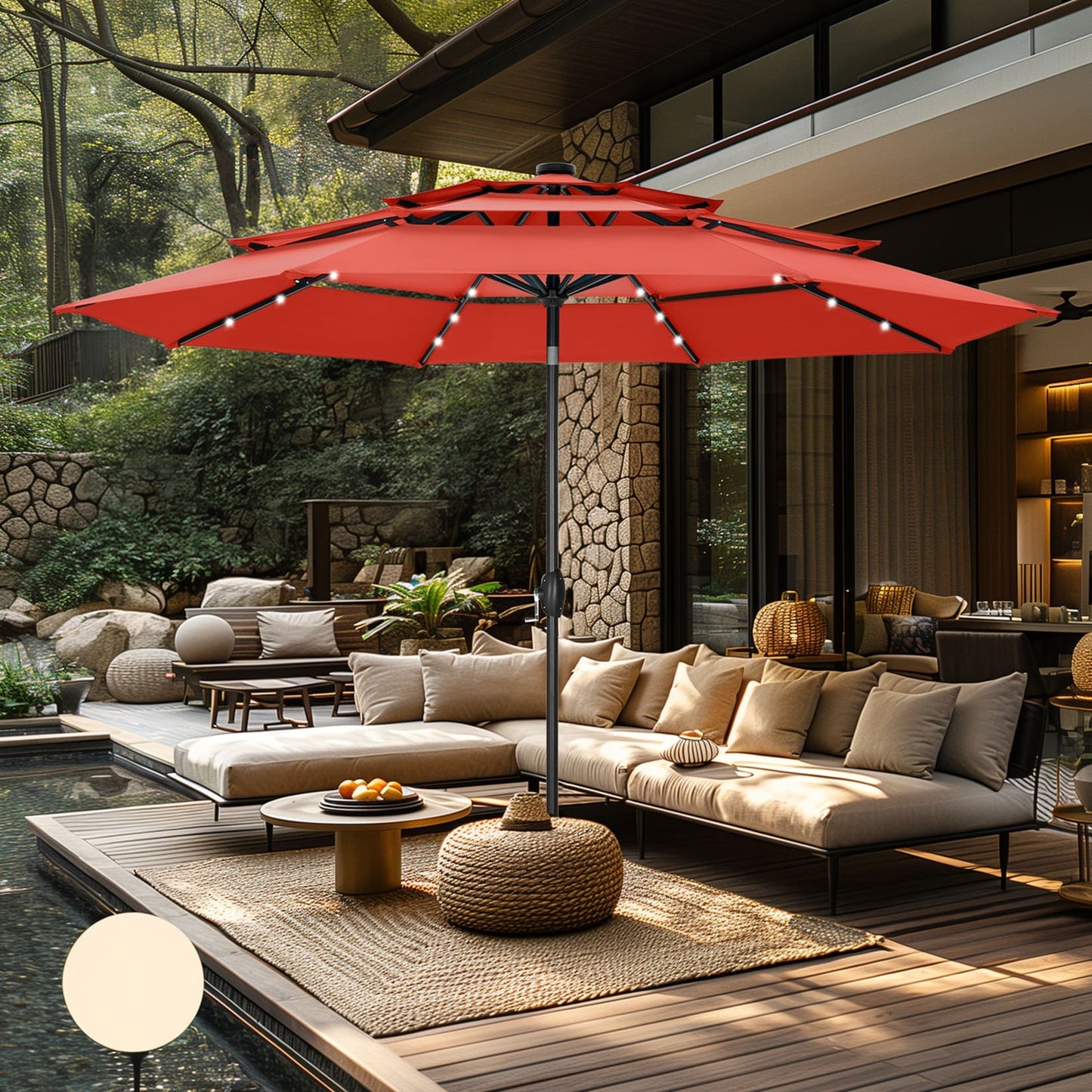 MAISON ARTS Parasol de jardin inclinable automatique à 3 niveaux de 3 mètres avec lumières LED et double ventilation