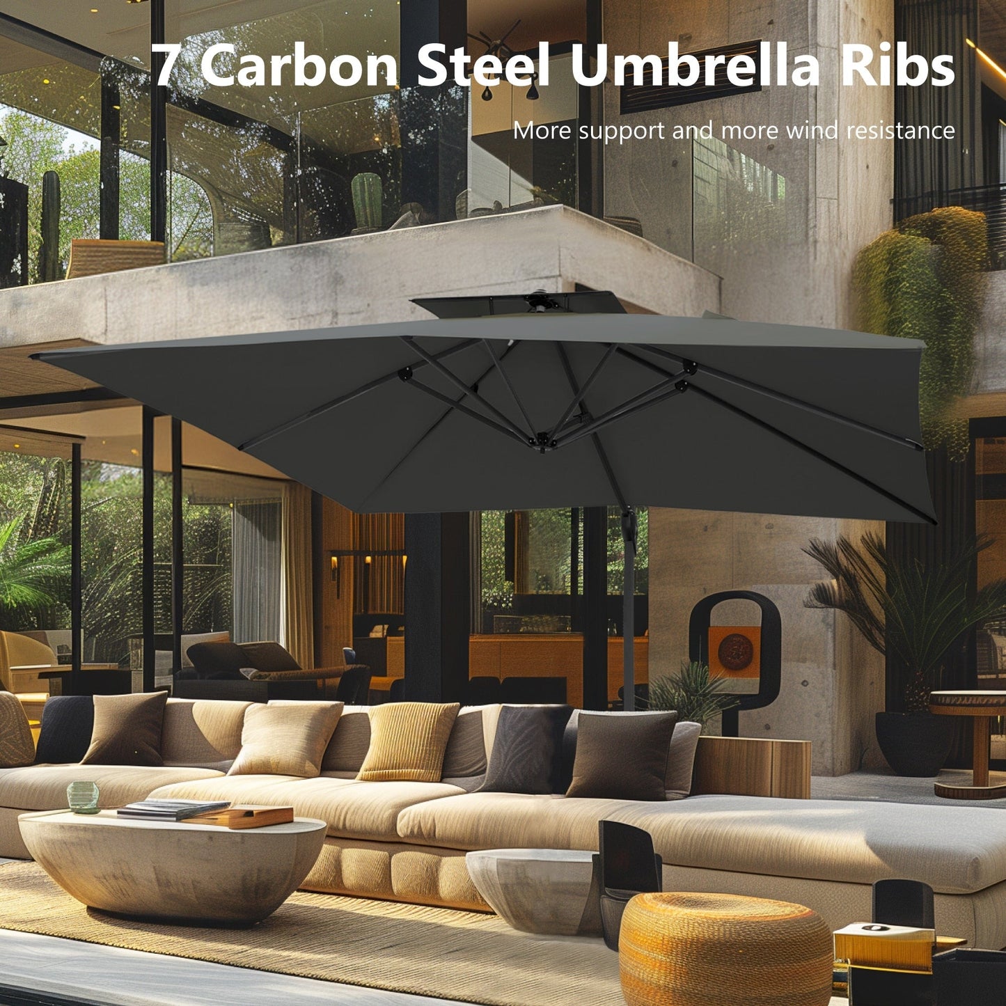 Parasol à bras articulé MAISON ARTS 12 FT, système hydraulique automatique, mât en aluminium, rotation à 360 degrés