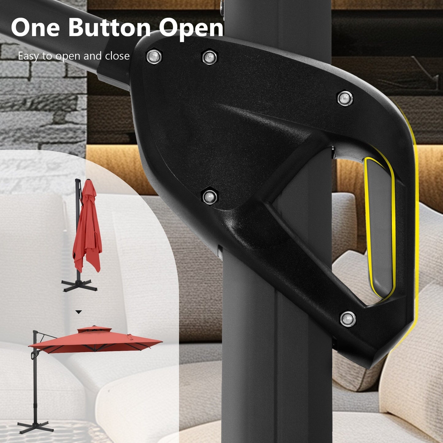 Parasol à bras articulé MAISON ARTS 12 FT, système hydraulique automatique, mât en aluminium, rotation à 360 degrés