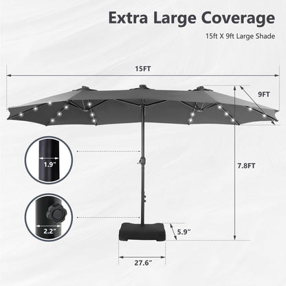 MAISON ARTS Parasol de jardin rectangulaire à manivelle de 4,5 mètres, double face, avec éclairage solaire à LED, pour terrasse, avec socle inclus.