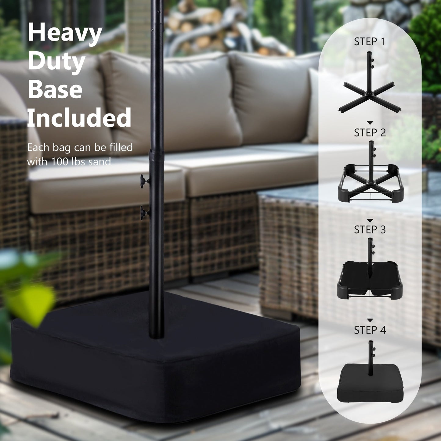 MAISON ARTS Parasol de jardin rectangulaire à manivelle de 4,5 mètres, double face, avec éclairage solaire à LED, pour terrasse, avec socle inclus.