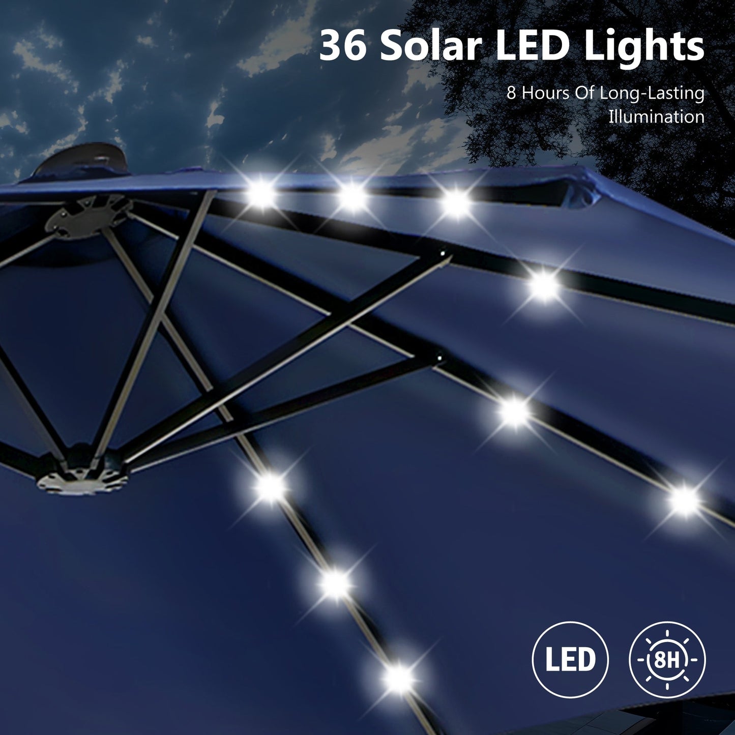 MAISON ARTS Parasol de jardin rectangulaire à manivelle de 4,5 mètres, double face, avec éclairage solaire à LED, pour terrasse, avec socle inclus.