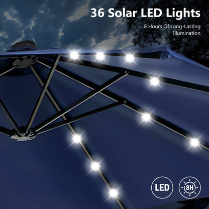 MAISON ARTS Parasol de jardin rectangulaire à manivelle de 4,5 mètres, double face, avec éclairage solaire à LED, pour terrasse, avec socle inclus.