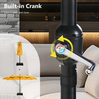 MAISON ARTS Parasol de jardin rectangulaire à manivelle de 4,5 mètres, double face, avec éclairage solaire à LED, pour terrasse, avec socle inclus.