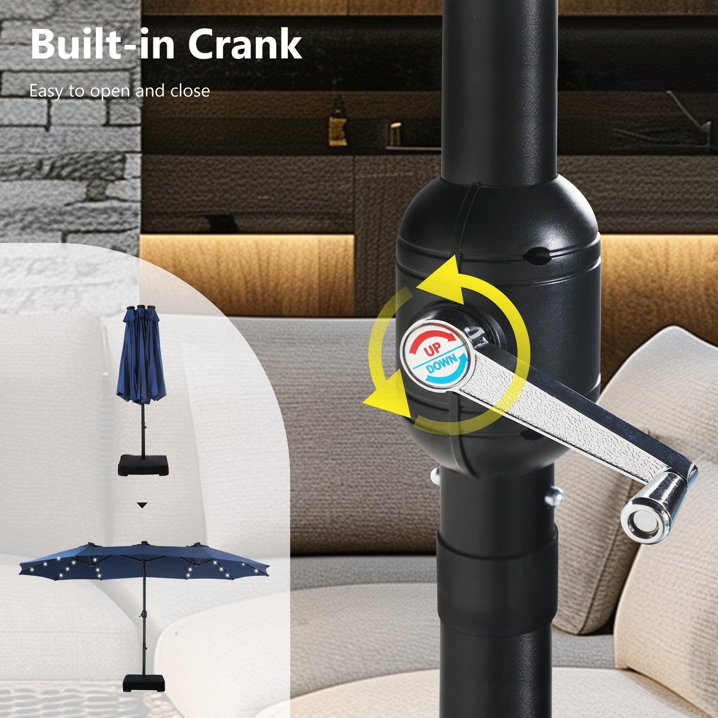 MAISON ARTS Parasol de jardin rectangulaire à manivelle de 4,5 mètres, double face, avec éclairage solaire à LED, pour terrasse, avec socle inclus.