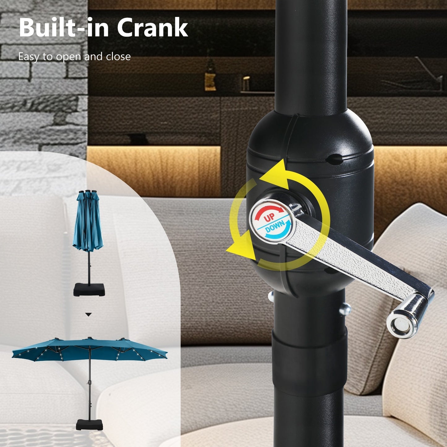 MAISON ARTS Parasol de jardin rectangulaire à manivelle de 4,5 mètres, double face, avec éclairage solaire à LED, pour terrasse, avec socle inclus.