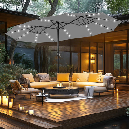 MAISON ARTS Parasol de jardin rectangulaire à manivelle de 4,5 mètres, double face, avec éclairage solaire à LED, pour terrasse, avec socle inclus.