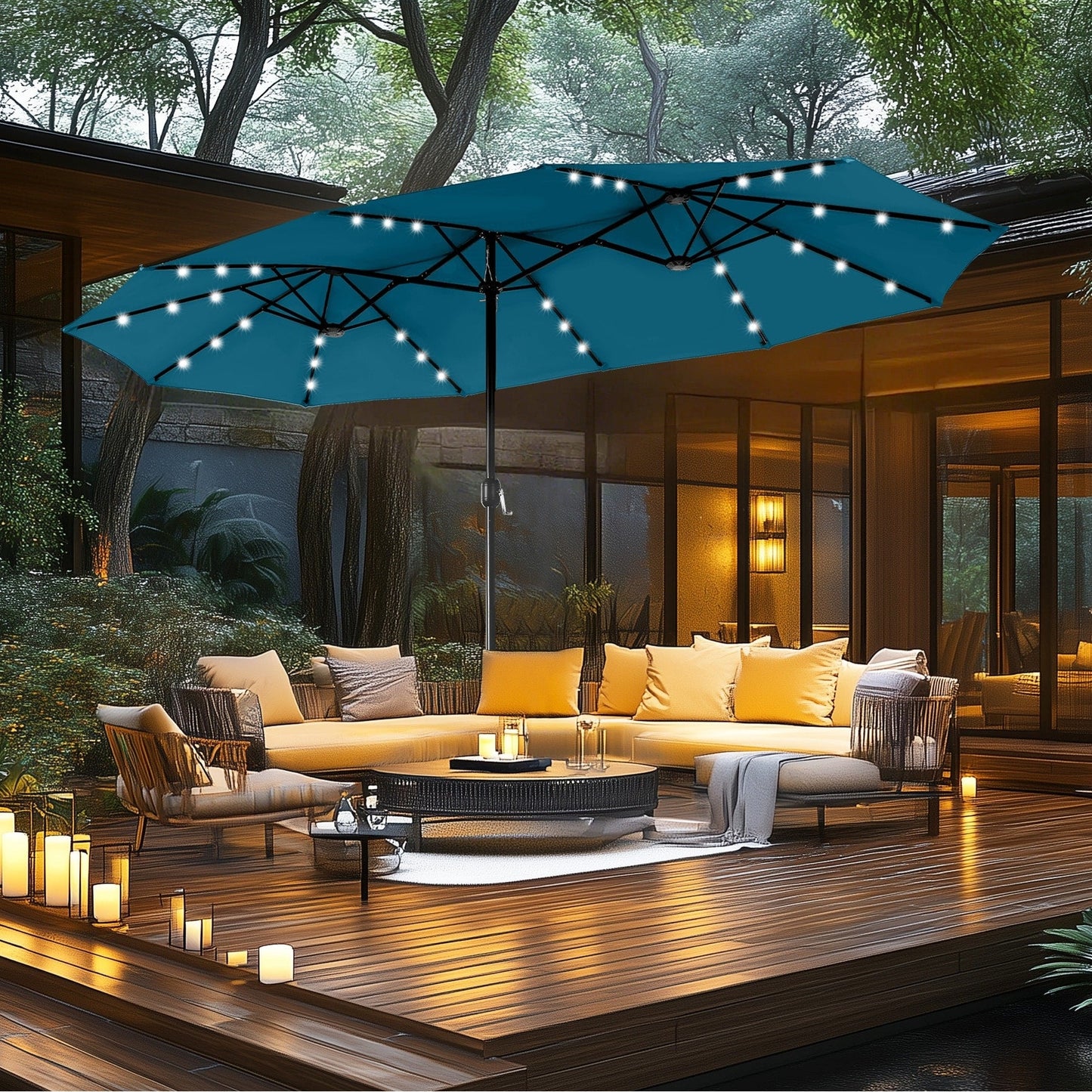 MAISON ARTS Parasol de jardin rectangulaire à manivelle de 4,5 mètres, double face, avec éclairage solaire à LED, pour terrasse, avec socle inclus.