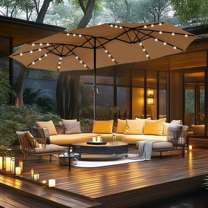 MAISON ARTS Parasol de jardin rectangulaire à manivelle de 4,5 mètres, double face, avec éclairage solaire à LED, pour terrasse, avec socle inclus.