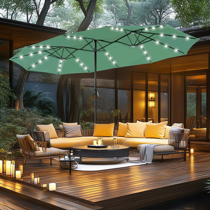 MAISON ARTS Parasol de jardin rectangulaire à manivelle de 4,5 mètres, double face, avec éclairage solaire à LED, pour terrasse, avec socle inclus.