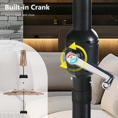 MAISON ARTS Parasol de jardin rectangulaire à manivelle de 4,5 mètres, double face, avec éclairage solaire à LED, pour terrasse, avec socle inclus.