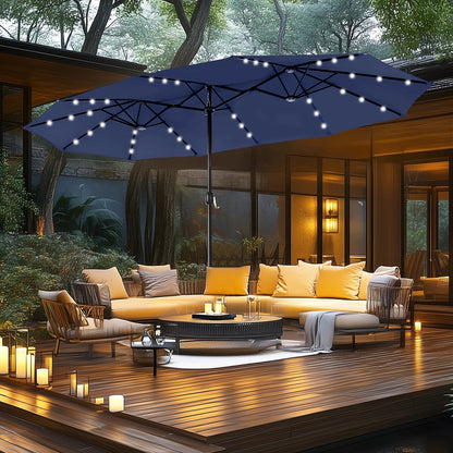 MAISON ARTS Parasol de jardin rectangulaire à manivelle de 4,5 mètres, double face, avec éclairage solaire à LED, pour terrasse, avec socle inclus.