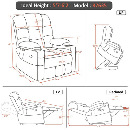MCombo Fauteuil inclinable électrique à double moteur, large et spacieux, avec massage et double chauffage, pour personnes âgées de grande taille, tissu R7635