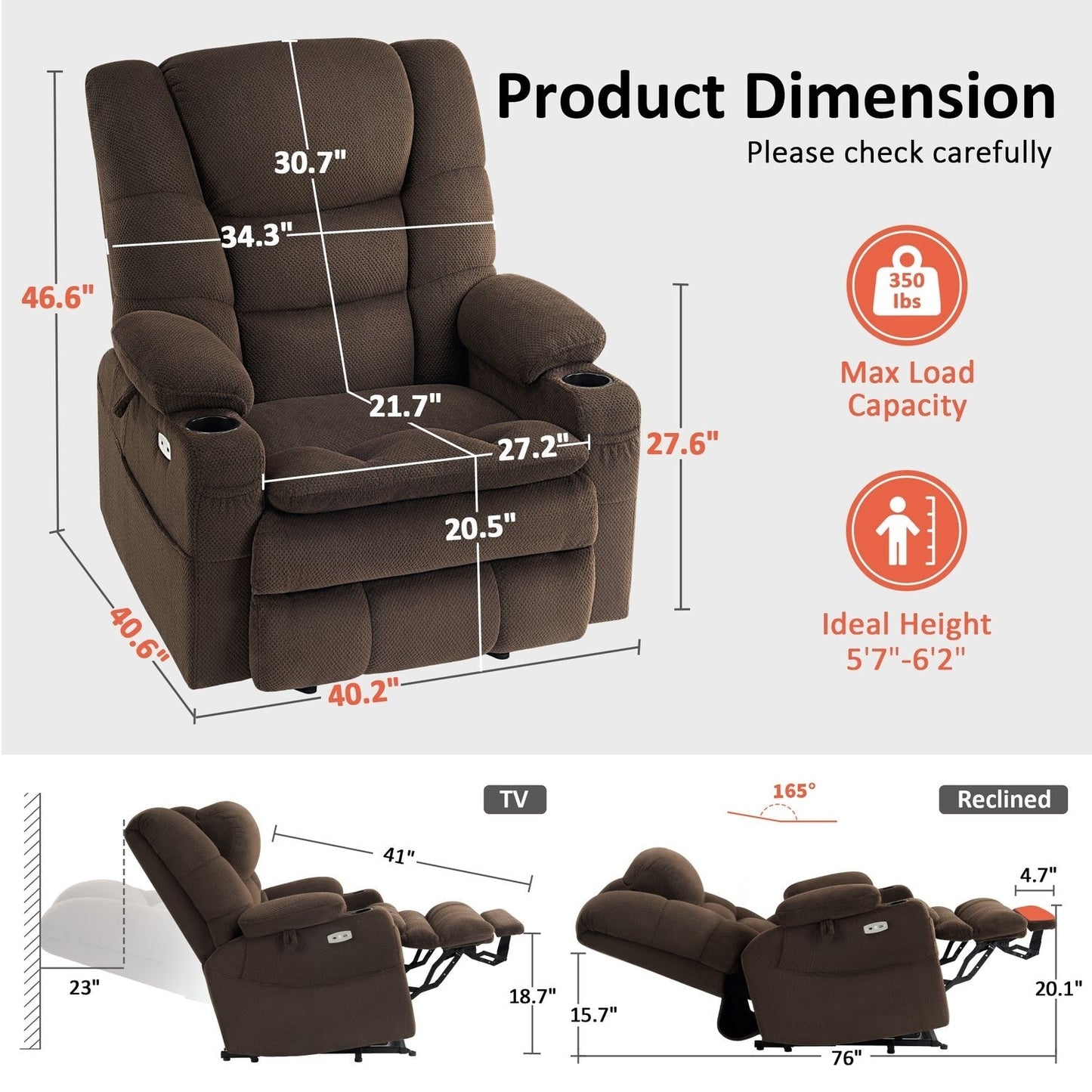 MCombo Fauteuil inclinable électrique à double moteur, large et spacieux, avec massage et double chauffage, pour personnes âgées de grande taille, tissu R7635