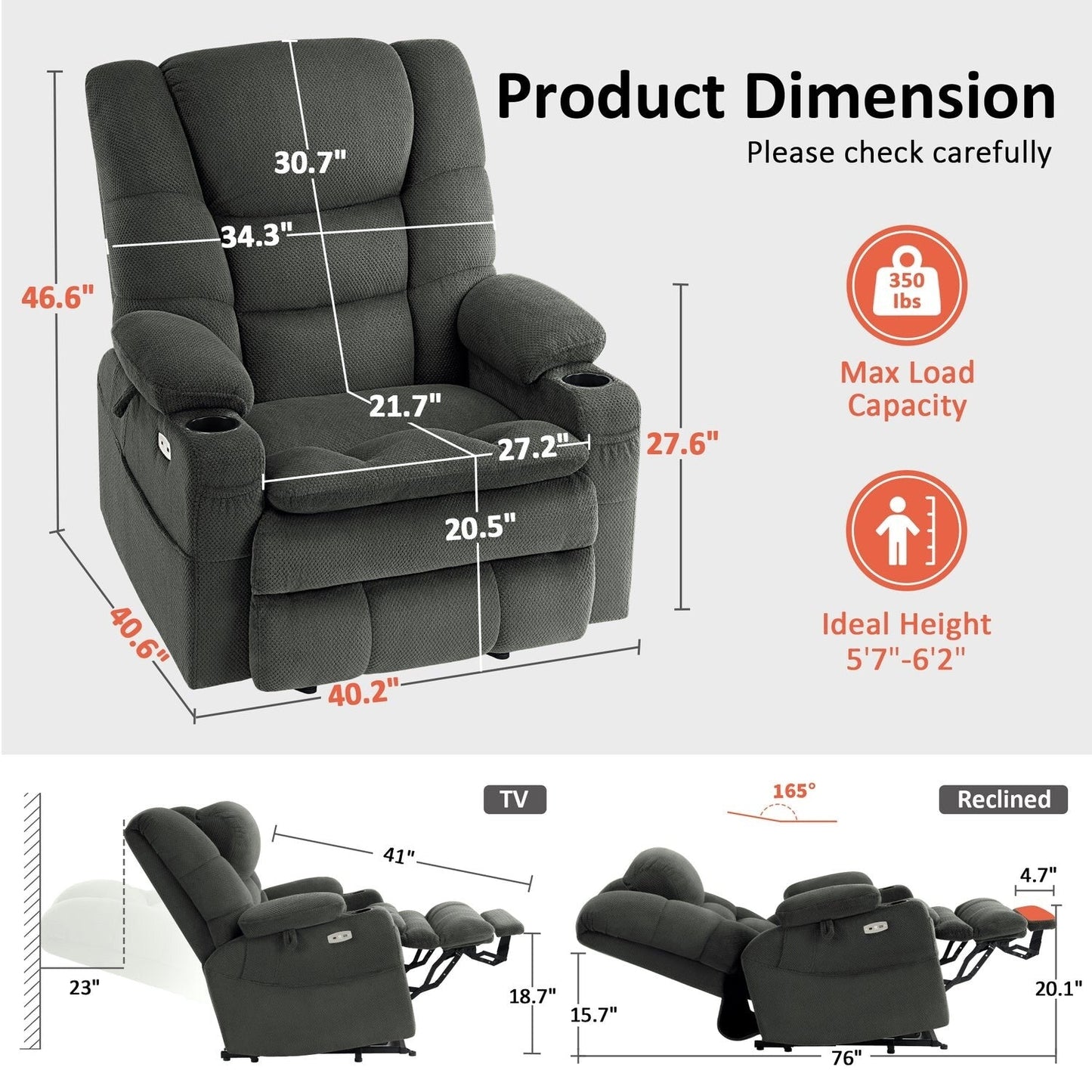 MCombo Fauteuil inclinable électrique à double moteur, large et spacieux, avec massage et double chauffage, pour personnes âgées de grande taille, tissu R7635
