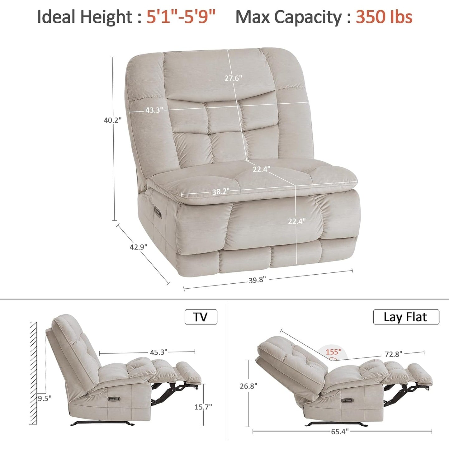 Fauteuil inclinable électrique à double moteur sans accoudoirs MCombo, modèle PR607, avec fonction basculante, idéal pour le salon, en tissu.