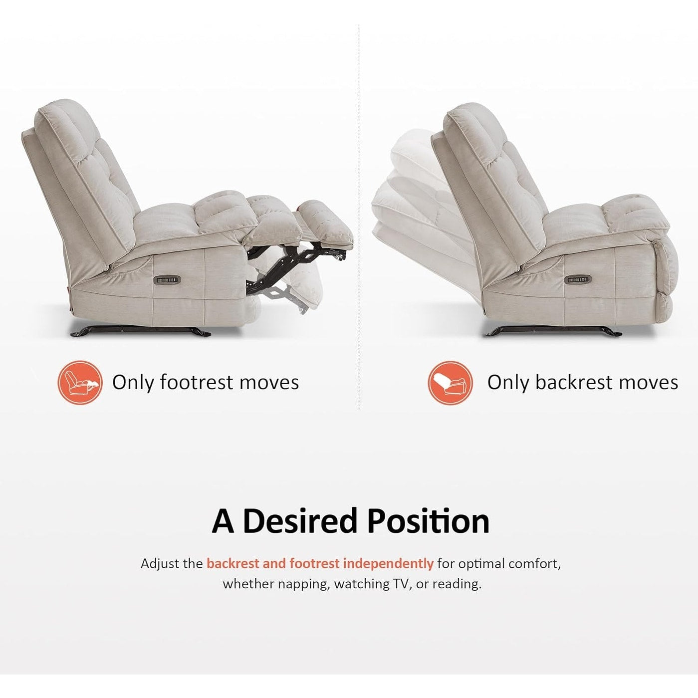 Fauteuil inclinable électrique à double moteur sans accoudoirs MCombo, modèle PR607, avec fonction basculante, idéal pour le salon, en tissu.