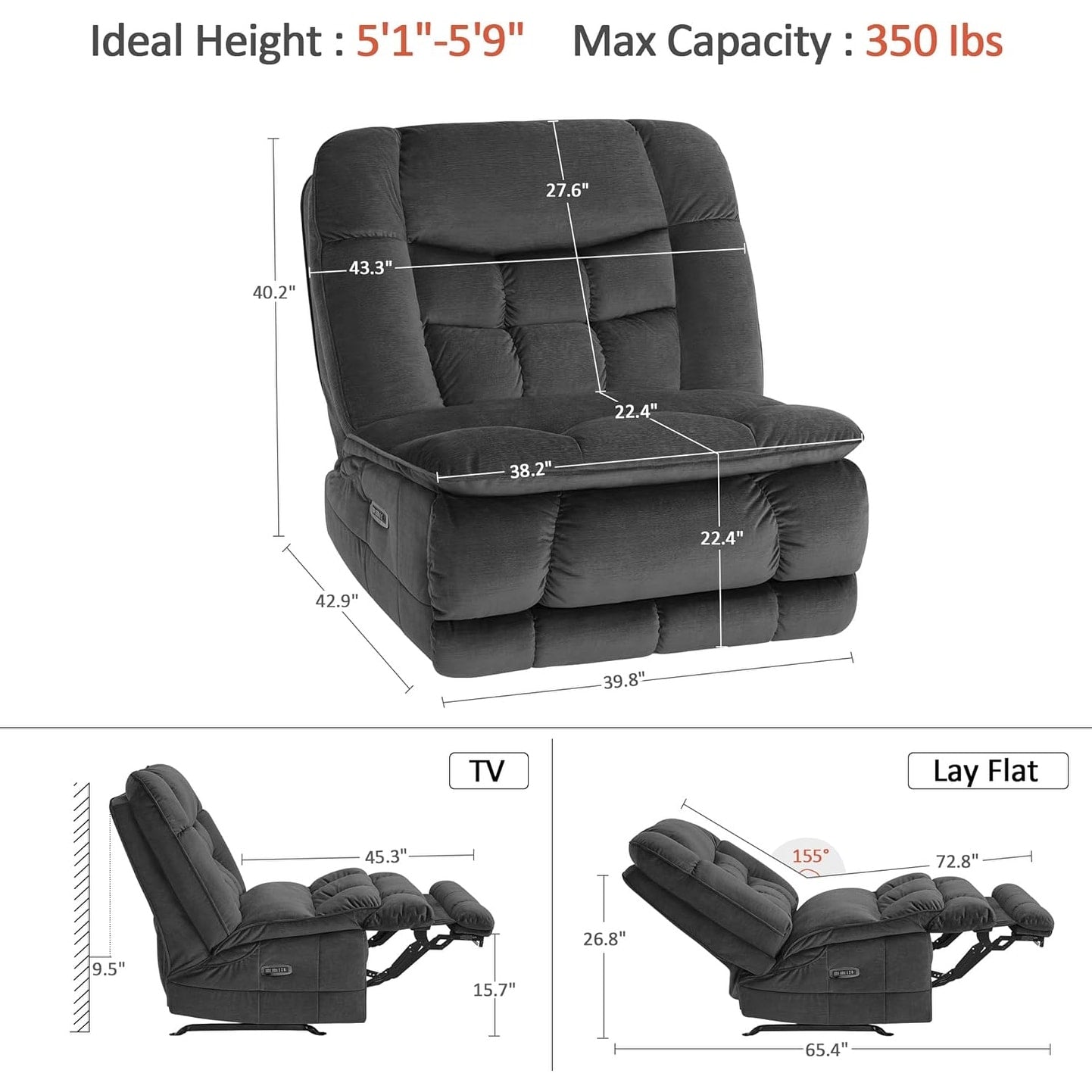Fauteuil inclinable électrique à double moteur sans accoudoirs MCombo, modèle PR607, avec fonction basculante, idéal pour le salon, en tissu.
