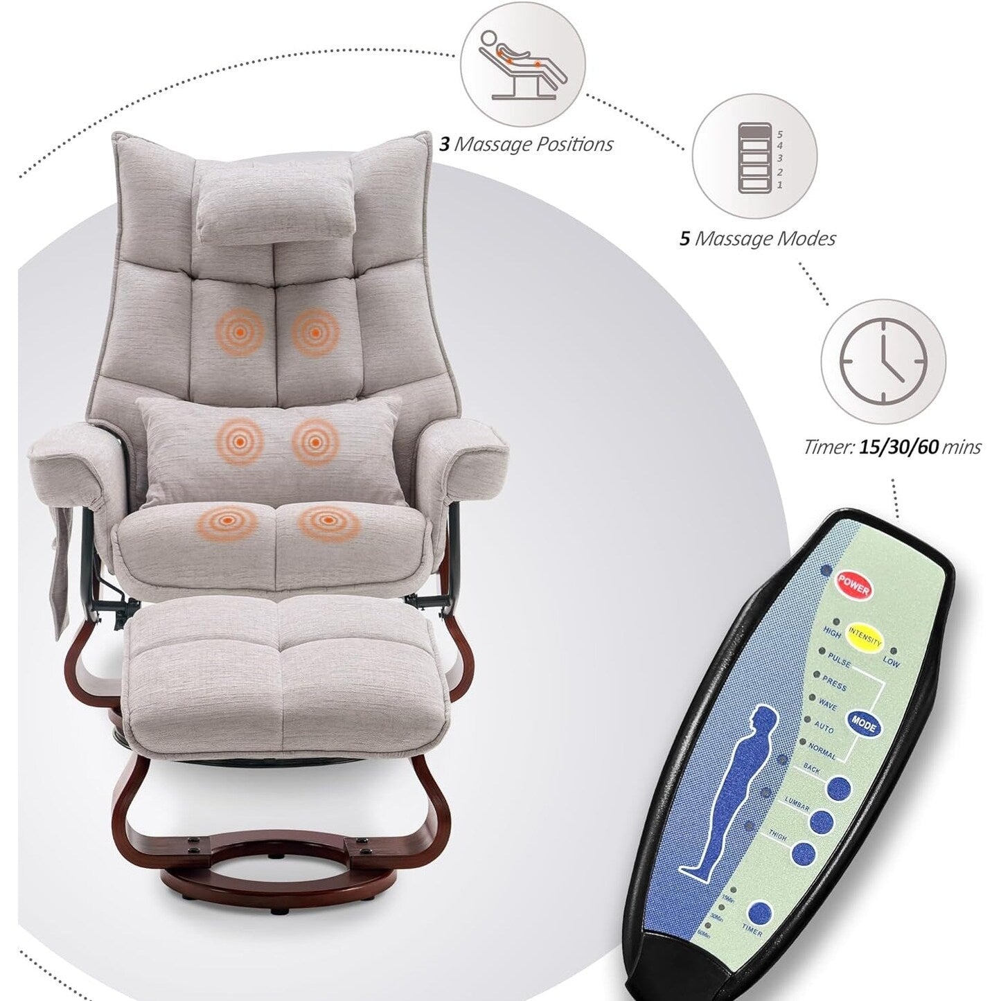 MCombo Ensemble de 2 fauteuils inclinables pivotants avec repose-pieds et coussin cervical, tissu chenille