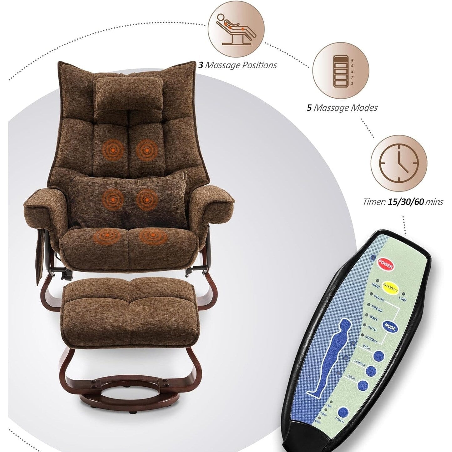 MCombo Ensemble de 2 fauteuils inclinables pivotants avec repose-pieds et coussin cervical, tissu chenille