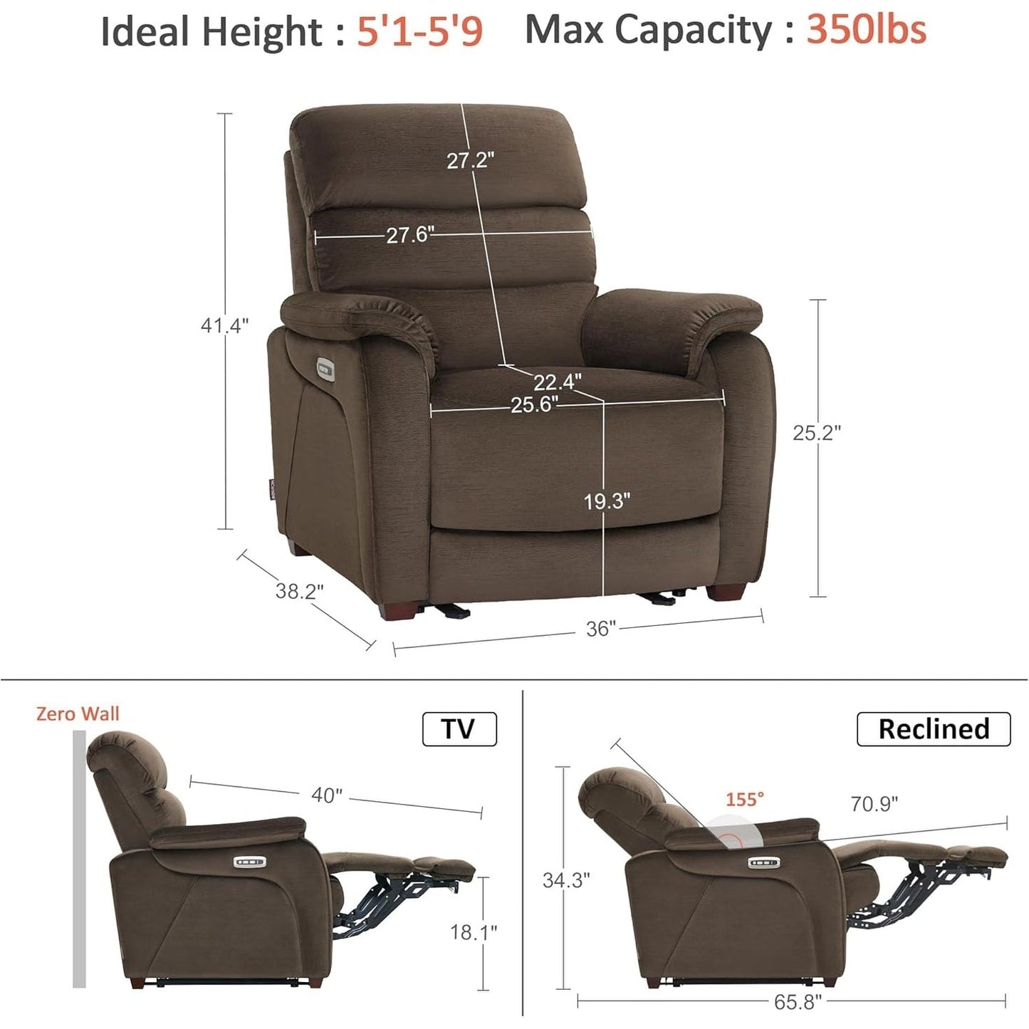 MCombo Zero Fauteuil inclinable électrique à dossier basculant avec appuie-tête réglable, parfait pour les petits espaces et les véhicules de loisirs, tissu ST257