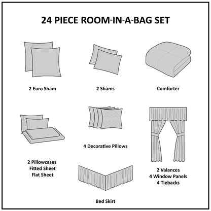 Madison Park Essentials Loretta, ensemble de 24 pièces pour chambre à coucher avec panneaux de fenêtre et ensemble de draps