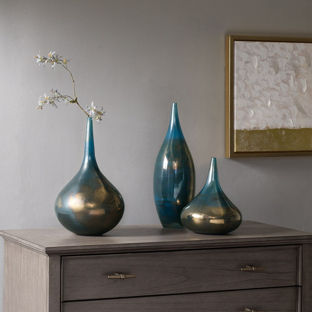 Vases décoratifs en verre Aurora de Madison Park Signature, bleu et bronze, ensemble de 3 pièces
