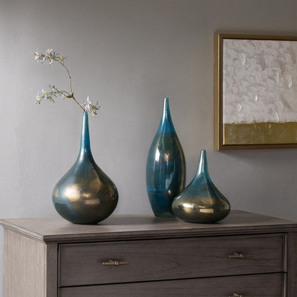 Vases décoratifs en verre Aurora de Madison Park Signature, bleu et bronze, ensemble de 3 pièces