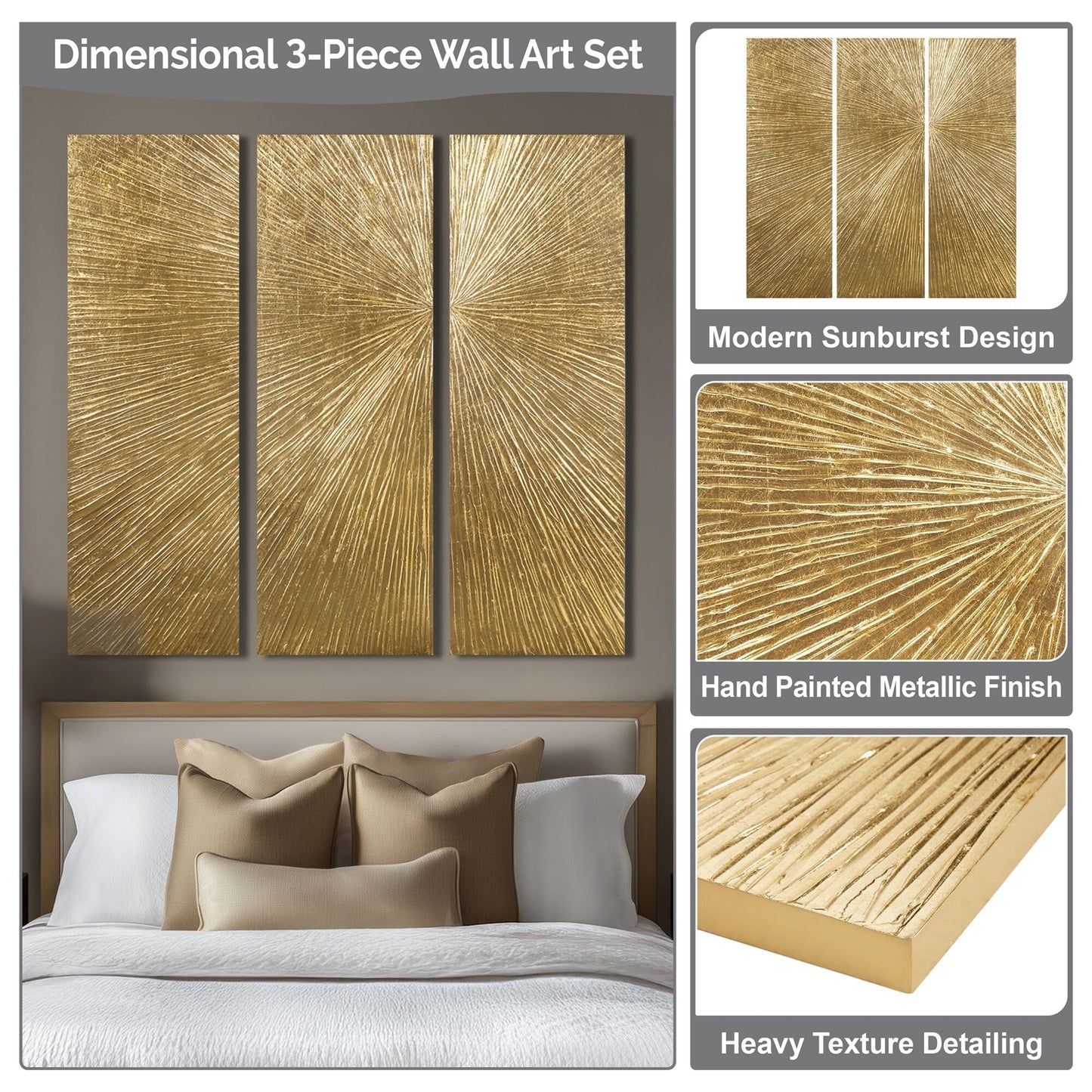 Ensemble de 3 tableaux muraux en résine multidimensionnelle, style triptyque, à motif de soleil rayonnant, peint à la main, de la marque Madison Park Signature.