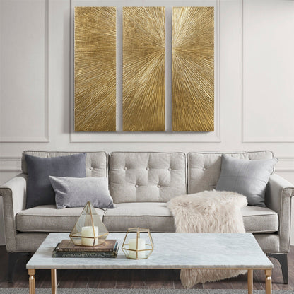 Ensemble de 3 tableaux muraux en résine multidimensionnelle, style triptyque, à motif de soleil rayonnant, peint à la main, de la marque Madison Park Signature.
