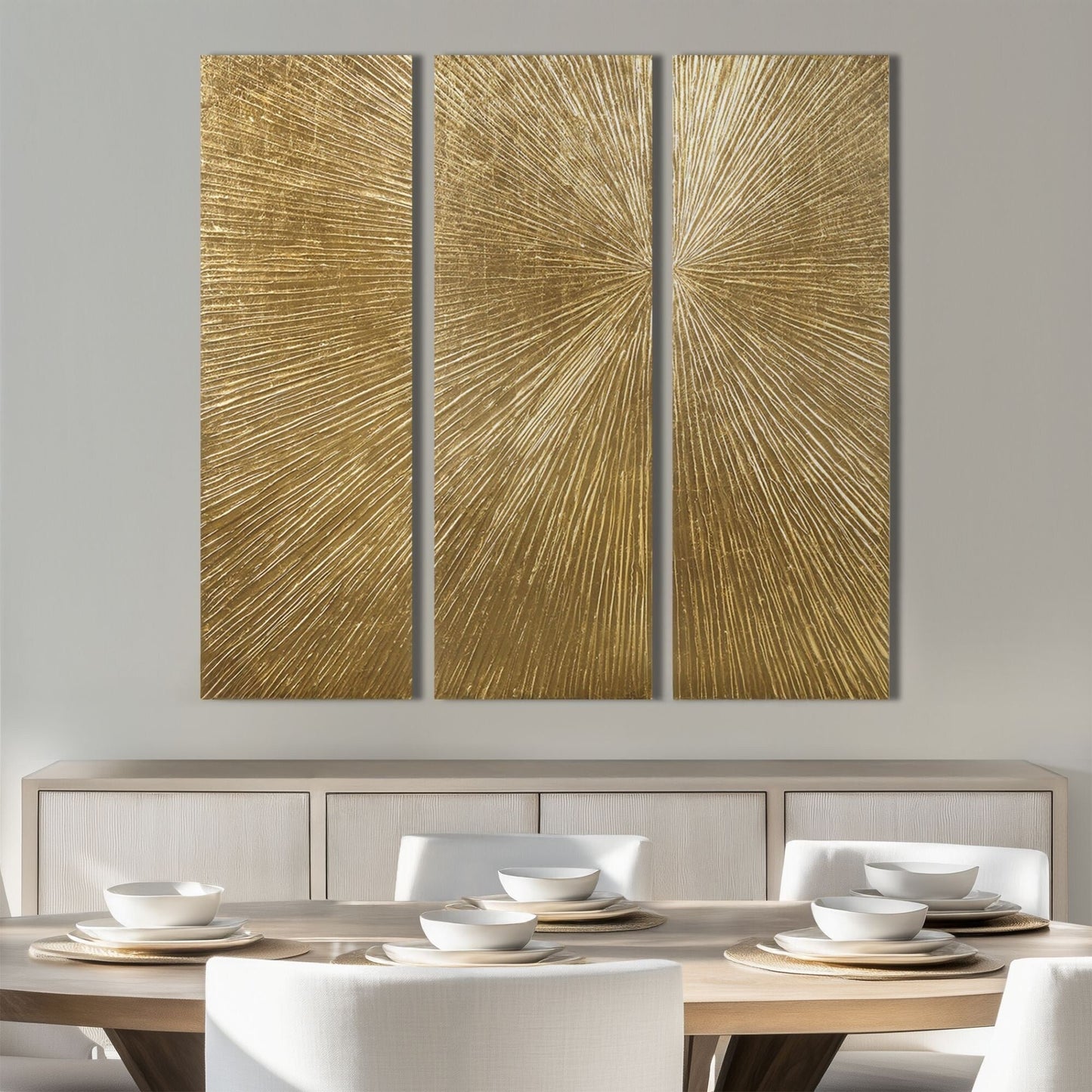Ensemble de 3 tableaux muraux en résine multidimensionnelle, style triptyque, à motif de soleil rayonnant, peint à la main, de la marque Madison Park Signature.