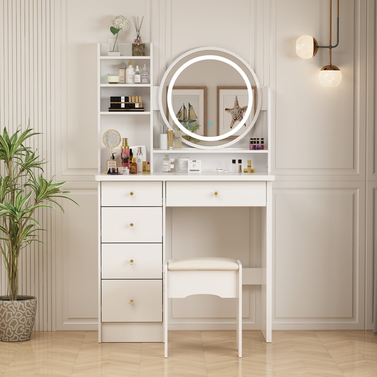 Ensemble de coiffeuse avec miroir à écran tactile et tabouret