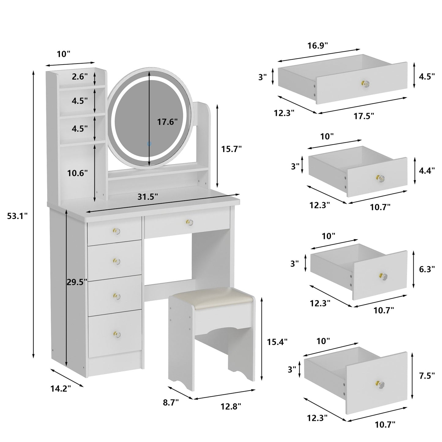 Ensemble de coiffeuse avec miroir à écran tactile et tabouret