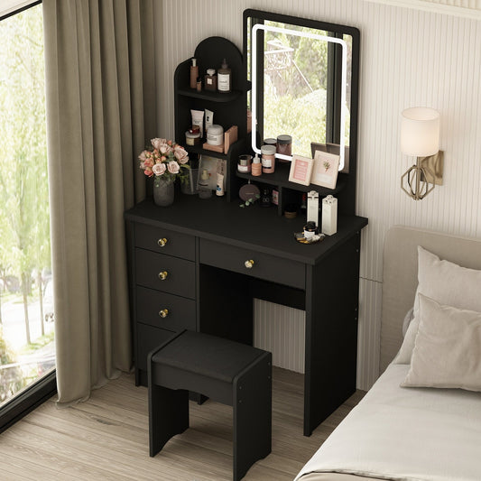 Table de maquillage avec miroir et tabouret à éclairage LED