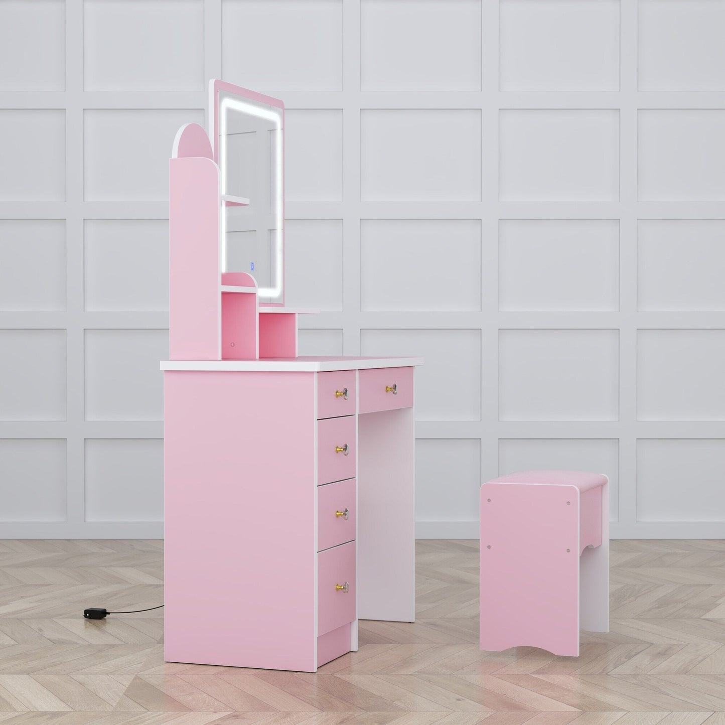 Table de maquillage avec miroir et tabouret à éclairage LED