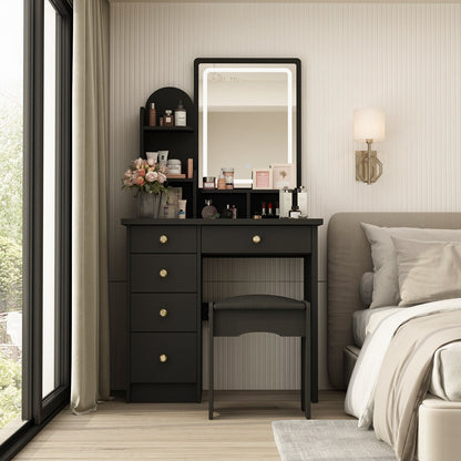 Table de maquillage avec miroir et tabouret à éclairage LED