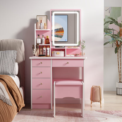 Table de maquillage avec miroir et tabouret à éclairage LED