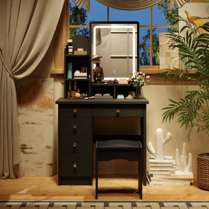 Table de maquillage avec miroir et tabouret à éclairage LED
