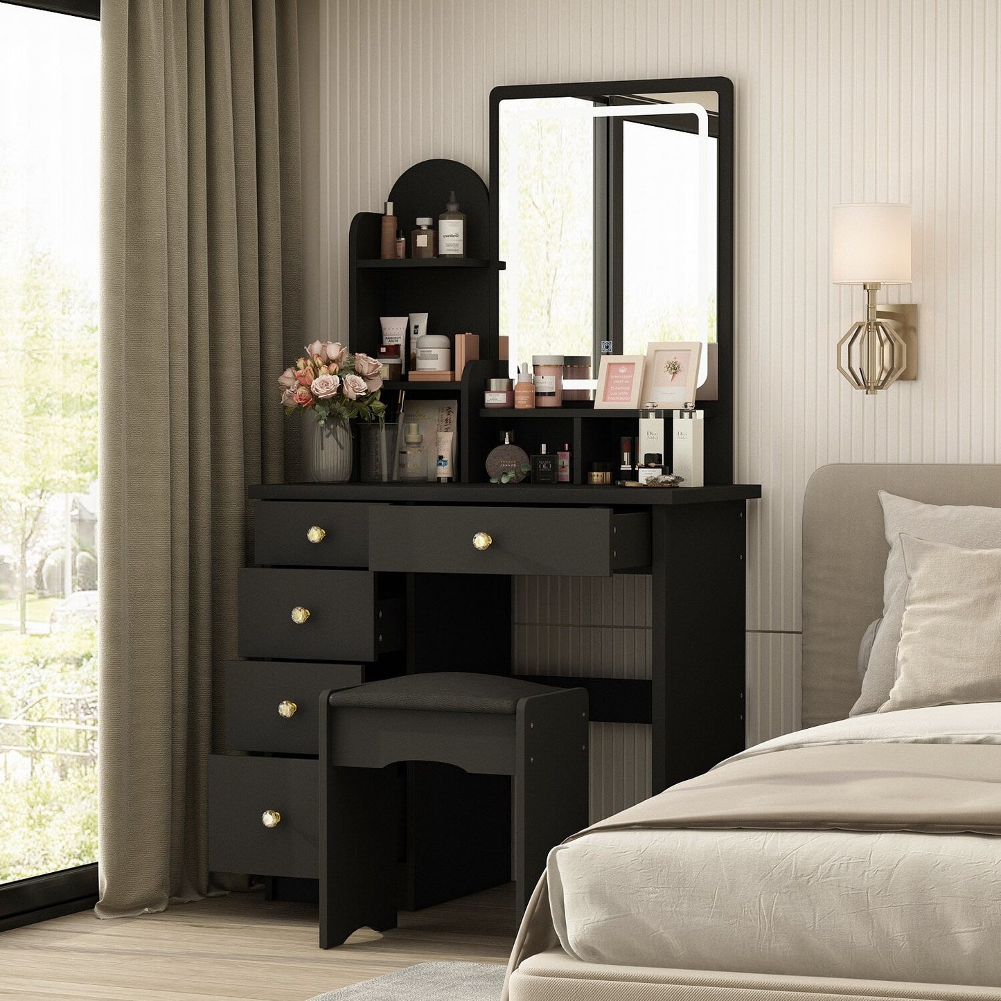 Table de maquillage avec miroir et tabouret à éclairage LED