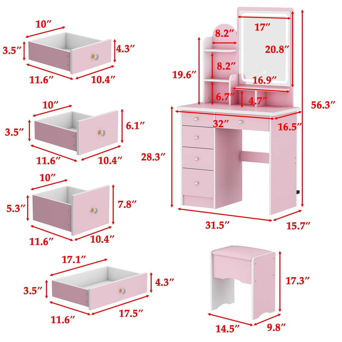 Table de maquillage avec miroir et tabouret à éclairage LED
