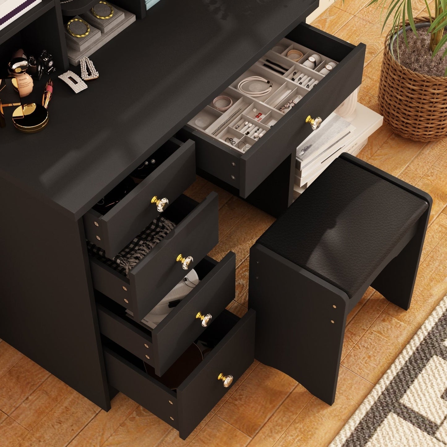 Table de maquillage avec miroir et tabouret à éclairage LED