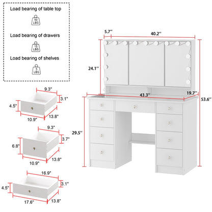 Coiffeuse avec miroir à trois volets, éclairage certifié et plateau en verre.