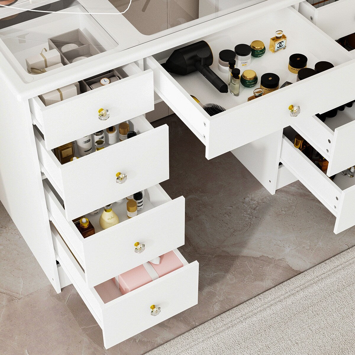 Coiffeuse avec miroir à trois volets, éclairage certifié et plateau en verre.