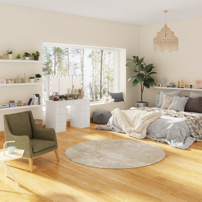 Coiffeuse avec miroir à trois volets, éclairage certifié et plateau en verre.