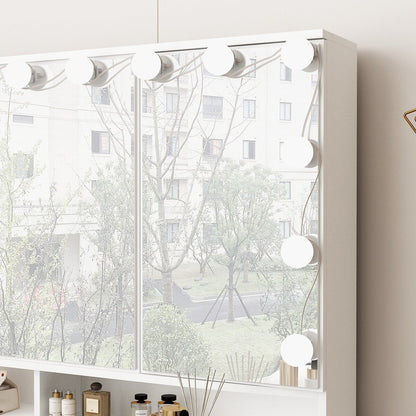 Coiffeuse avec miroir à trois volets, éclairage certifié et plateau en verre.