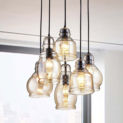 Suspension à 6 lumières Mariana en verre Cognac, noir antique et base ronde